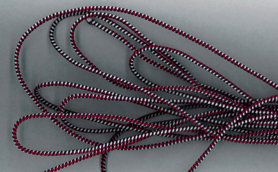 Varsity-striped braided elastic in red, black, and cream.
